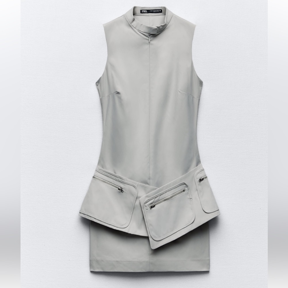 New! Zara small belted sleeveless mini dress with pockets in stone color.